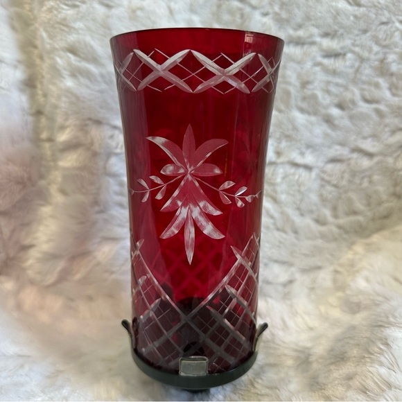 Vintage Bohemia Czech Crystal Ruby Red Cut to Clear Candle Holder Shade - Picture 2 of 6